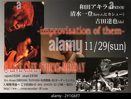 Poster oder Faltblatt für Gitarristin Akira Wada mit Keyboarder Kazuto Shimizu und Schlagzeuger Tatsuya Yoshida beim Stormy Monday in Yokohama, Japan Stockfoto