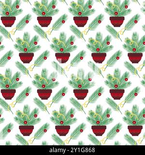 Tannenzweige im Blumentopf, Schneeflocken, Weihnachtsspielzeug und nahtloses Muster mit Schlangendekoration. Neujahrszusammensetzung isoliert. Tapeten, Verpackungen oder Karten, Poster oder Webcover Vektorillustration Stock Vektor