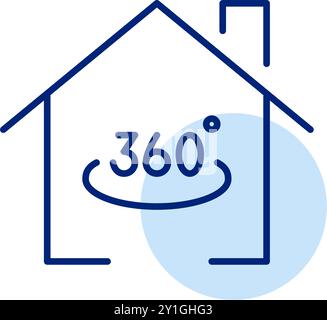 Haus mit 360-Grad-Symbol innen. Virtuelle Immobilientour. Pixelperfektes, bearbeitbares Konturvektorsymbol Stock Vektor