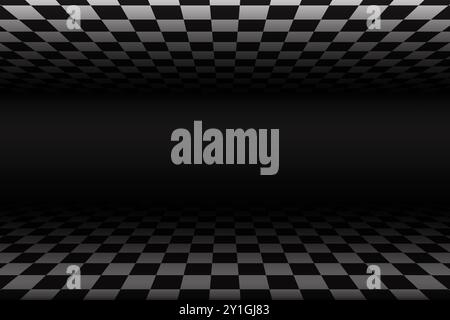 Perspektivischer Schachboden. Zimmer mit weiß-schwarzem Karomuster. 3D-Fliesenboden. Vektorabstrakte isometrische Illustration des surrealen Raumes. Endloser Tunnel Stock Vektor