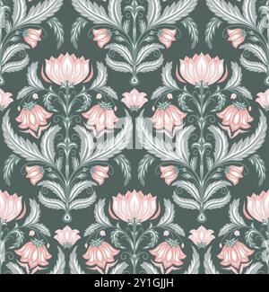 Vektor-verzierte barocke Blumenmuster in Pastellfarben. Viktorianische Damasttextur mit rosa filigranen Blüten auf dunklem Hintergrund. Altmodische Oberfläche Stock Vektor