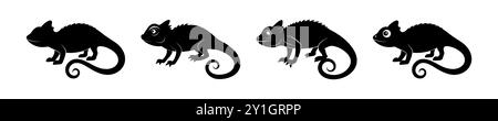 Schwarze Silhouette eines Chamäleons, isoliert auf weißem Hintergrund. Konzept der Reptilienillustration, exotisches Tier, minimalistischer Stil, einzigartiges Design, n Stock Vektor