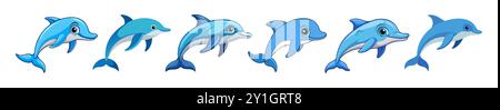Set von Zeichentrickdelfinen isoliert auf weißem Hintergrund. Vorstellung von Meereslebewesen Illustration, niedliche Meerestiere, Unterwassertiere. Perfekt zum Drucken Stock Vektor