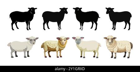 Set aus schwarzer Silhouette und bunten Zeichentrickschafen isoliert auf weißem Hintergrund. Konzept von Nutztieren, Hausschafen, niedlichem Vieh, ländlichem illu Stock Vektor
