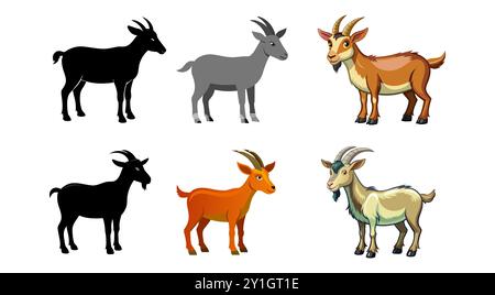 Satz Ziegen isoliert auf weißem Hintergrund. Farbenfrohe Illustrationen und schwarze Silhouetten. Das Konzept von Haustieren, süßen Zeichentrickziegen. Drucken, Stock Vektor