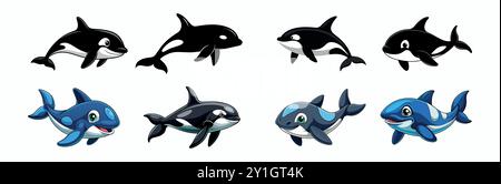 Sammlung verspielter Comic-Killerwale in verschiedenen Posen. Konzept von Meerestieren, Meeresleben, süße Orca-Illustrationen, Charakterdesign für Kinder Stock Vektor