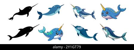 Set aus Narwalen und schwarzen Silhouetten auf weißem Hintergrund. Konzept von Meerestieren, niedlichen Meeresbewohnern und aquatischen Illustrationen Stock Vektor