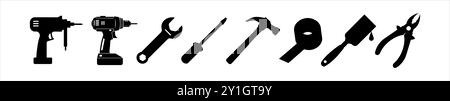 Schwarze Silhouetten verschiedener Werkzeuge auf weißem Hintergrund. Konzept von Handwerkzeugen Illustration, Baumaschinen, Hardware-Set, Heimwerkerwerkzeugen Stock Vektor