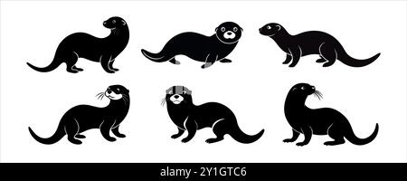 Schwarze Silhouette von Seeottern isoliert auf weißem Hintergrund. Konzept der Meerestier-Illustration, süßer Otter, minimalistischer Stil, Wassertiere. Stock Vektor