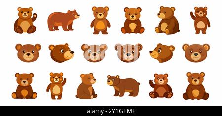 Set brauner Spielzeugbären auf weißem Hintergrund. Süße Comic Plüschbären. Konzept von Kinderspielzeug, Kindheit, Spaß, Spiel, Spielzeit. Drucken, Symbol, DE Stock Vektor