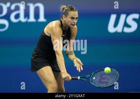 New York, Etats Unis. September 2024. Aryna Sabalenka (Weißrussland) am 11. Tag des Grand Slam-Tennisturniers 2024 am 5. September 2024 im USTA Billie Jean King National Tennis Center in New York, USA – Foto Jean Catuffe/DPPI Credit: DPPI Media/Alamy Live News Stockfoto