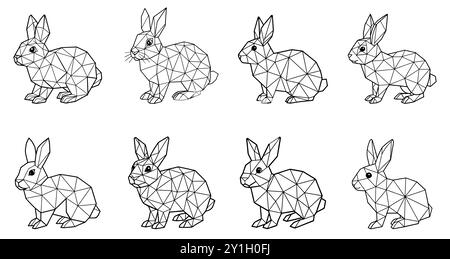 Satz abstrakter polygonaler Kaninchen. Lineare geometrische polygonale Kaninchen. Niedliches Kaninchen im niedrigen Dreiecksstil. Vektorabbildung. Stock Vektor