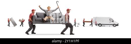 Umzugspersonen, die Sofa und andere Möbel in einen Van auf weißem Hintergrund transportieren Stockfoto