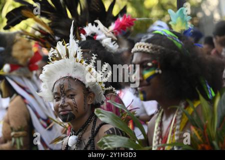 **NO LIBRI** Papua-Neuguinea, Port Moresby, 2024/9/7. Papst Franziskus während seines Besuchs an der Caritas Technical Secondary School in Port Moresby, Papua-Neuguinea Foto von VATIKANISCHEN MEDIEN / Katholisches Pressefoto Stockfoto