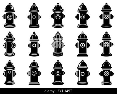 Symbol für Hydranten. Eine Reihe von Hydranten-Symbolen isoliert auf weißem Hintergrund. Vektorabbildung Stock Vektor