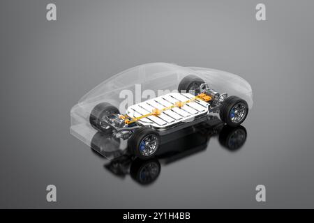 3D-Rendering-Batterie für Elektrofahrzeuge oder Packung mit Lithium-Ionen-Beutelzellen-Modul mit Laufwerk Stockfoto