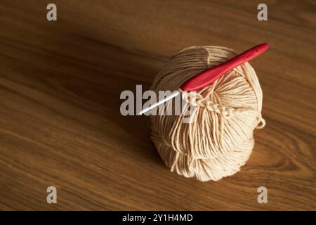 Zwei Knäuel Garn zum Stricken und Haken auf dem Tisch Stockfoto