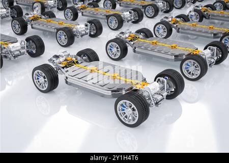 3D-Rendering-Gruppe der Batterie eines Elektrofahrzeugs oder der Packung mit Lithium-Ionen-Beutelzellen mit hintereinander liegendem Laufwerk Stockfoto