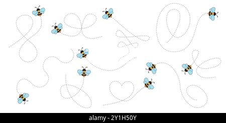 Handgezeichnete Cartoon-Biene, die auf einer gepunkteten Route fliegt. Vektorabbildung auf Hintergrund isoliert. Stock Vektor