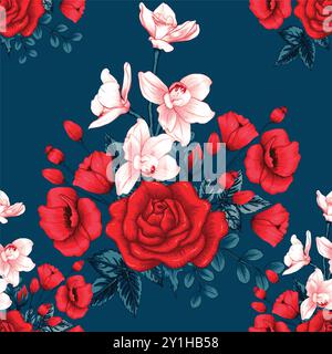 Aquarellrosa Blumenabbildung marineblauer Hintergrund nahtloser Musterdruck für Textilgewebe Vektor Grafik Artwork Stock Vektor