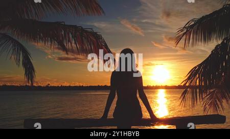 Die junge Frau genießt einen farbenfrohen Sonnenuntergang über dem Meer, die Silhouette vor dem goldenen Licht, Palmen umrahmen die Szene Stockfoto