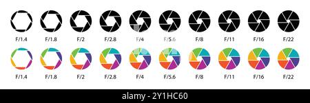 Membran-Sammlung von Kameraobjektiven. Blendensymbol in Schwarz und Farben. Blendenreihe des Kameraobjektivs mit Blendenwerten. Verschlusskamera Stock Vektor