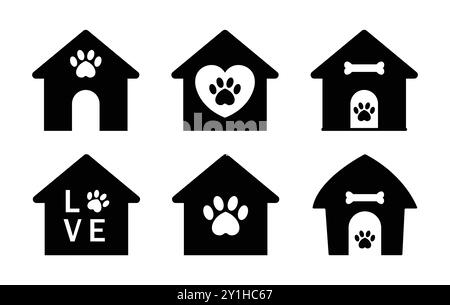 Vektorsymbol für Hundehütten. Doghouse-Ikone mit Knochen-, Liebe-, Herz- und Pfotensymbolen. Doghouse-Vektor-Symbol in Schwarz-weiß-Farbe Stock Vektor