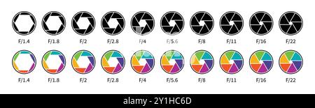 Membran-Sammlung von Kameraobjektiven. Blendensymbol in Schwarz und Farben. Blendenreihe des Kameraobjektivs mit Blendenwerten. Verschlusskamera Stock Vektor