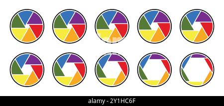 Membran-Sammlung von Kameraobjektiven. Blendensymbol in Farben gesetzt. Membran des Kameraobjektivs. Blendenblende des Objektivvektors der Verschlusskamera in Farbe gesetzt. Stock Vektor