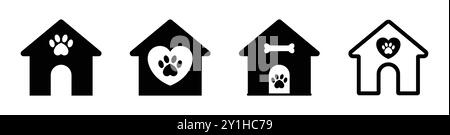 Doghouse-Ikone mit Knochen-, Liebe-, Herz- und Pfotensymbolen. Doghouse-Vektor-Symbol in Schwarz-weiß-Farbe verschiedene Form. Hundehüttenvektor Stock Vektor