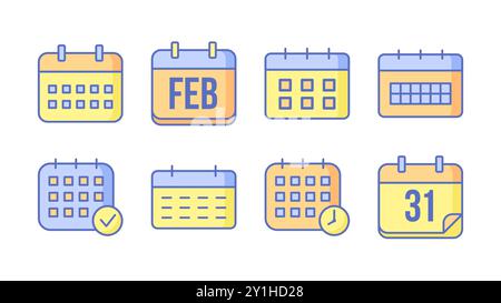 Satz farbenfroher linearer Kalendersymbole mit bearbeitbarer Kontur. Vektorabbildung Stock Vektor