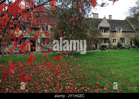 Herbstkirschbäume im Lord Burghley Hospital Almshouses, Stamford Town, Lincolnshire County, England, Großbritannien Stockfoto