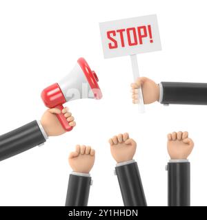 Zeichentrickhände von Dämonstranten und Hand mit Megaphon und Stoppzeichen, Protestkonzept, Revolution, Konflikt, 3D-Rendering auf weißem Hintergrund. Stockfoto