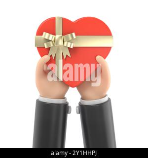 Geschenkherz am Valentinstag mit Liebeserklärung. Das Herz in der Hand mit Band und Schleife halten. Schenken Sie ein Geschenk. Abbildung Flat Design.3D ren Stockfoto