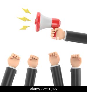 Zeichentrickhände von Dämonstranten und Hand mit Megaphon, Protestkonzept, Revolution, Konflikt, 3D-Illustration in flacher Konstruktion .3D-Rendering auf weißem Hintergrund Stockfoto