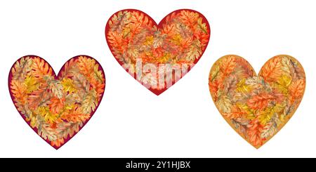 Herzform aus herbstlich bunten orange, gelb, braune Eichenblätter. Botanische Illustration mit Aquarell. Schablone mit natürlicher Laubtextur, für St Stockfoto