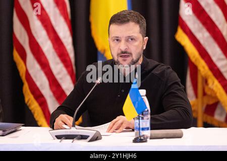 Ramstein Miesenbach, Deutschland. September 2024. GER, Ramstein-Miesenbach, Treffen der 24. Ukrainischen Verteidigungsgruppe mit dem US-Verteidigungsminister Lloyd Austin, Luftwaffenstützpunkt Ramstein, 06. September 2024, USA, Pressesprecher der Ukraine, Wolodymyr Selenskyj Credit: HMB Media/Alamy Live News Stockfoto