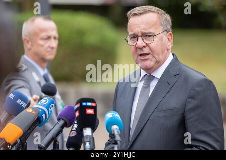 Ramstein Miesenbach, Deutschland. September 2024. GER, Ramstein-Miesenbach, Treffen der 24. Ukrainischen Verteidigungsgruppe mit dem US-Verteidigungsminister Lloyd Austin, Luftwaffenstützpunkt Ramstein, 06. September 2024, USA, Pressekonferenz deutscher Verteidigungsminister Boris Pistorius, Pressekonferenz Credit: HMB Media/Alamy Live News Stockfoto