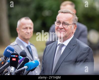 Ramstein Miesenbach, Deutschland. September 2024. GER, Ramstein-Miesenbach, Treffen der 24. Ukrainischen Verteidigungsgruppe mit dem US-Verteidigungsminister Lloyd Austin, Luftwaffenstützpunkt Ramstein, 06. September 2024, USA, Pressekonferenz deutscher Verteidigungsminister Boris Pistorius, Pressekonferenz Credit: HMB Media/Alamy Live News Stockfoto