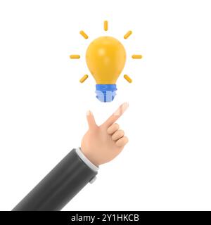 Mit dem Finger nach oben auf die Glühlampe zeigen, als Symbol der großen Idee. Neue kreative Ideen haben. Problemlösung Metaphor.3d Illustration flache Konstruktion. Denkprozesse. Stockfoto