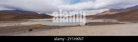 Atemberaubende Landschaft mit Lagune und Bergen im bolivianischen Altiplano. Panoramablick auf den bolivianischen Altiplano in Eduardo Avaroa Andenfauna National Stockfoto