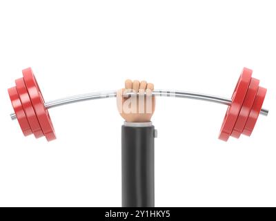 Starkes Konzept. Symbol „Barbell in Hands“. Hand eines Mannes, der eine Hantel hält. Flache 3D-Illustration. Gewichtheben, Training hart Konzept. Sportliche Fitness Stockfoto