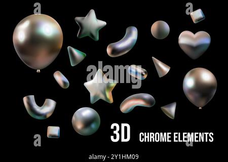 Ballon 3D Chrom Figurenvektor. y2k-Stil, Stern und Elemente für Design-Glückwünsche, Poster. Auf schwarzem Hintergrund Stock Vektor