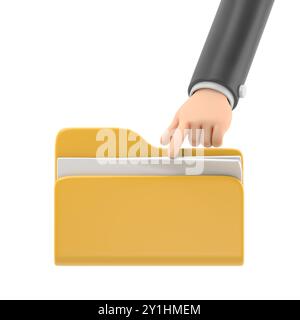 Symbol für Zeichentrickgesten.Suchen nach Informationen in einem Ordner mit Dokumenten,Umkehren der Seiten mit der Hand,3D-Rendering auf weißem Hintergrund. Stockfoto