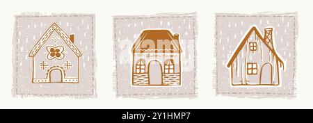 Skurrile verschneite Hüttentür mit festlichem Weihnachtsmotiv im dezember. Winterurlaub in sozialen Medien. Niedlich, handgezeichnet festlich Stock Vektor