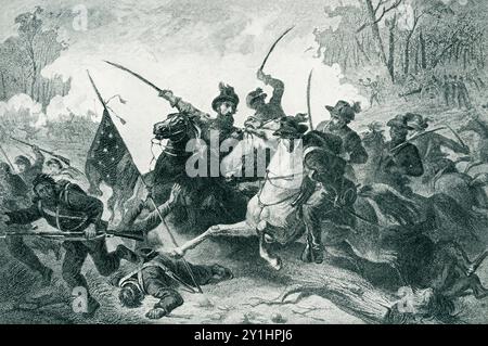 Die Schlacht von Gettysburg wurde vom 1. Bis 3. Juli 1863 in und um die Stadt Gettysburg, Pennsylvania, von Unions- und Konföderierten Truppen während des Amerikanischen Bürgerkriegs ausgetragen. Die Schlacht hatte die größte Zahl der Opfer während des gesamten Krieges und wird oft als Wendepunkt des Krieges bezeichnet. Die Potomac-Armee von General George Meade besiegte Angriffe von General Robert E. Lees Armee von Nord-Virginia und beendete damit Lees Versuch, in den Norden einzumarschieren. Stockfoto