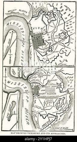 Diese Karte aus den späten 1800er Jahren zeigt Vicksburg und die Annäherungen zur Stadt während des Bürgerkriegs. Die Schlacht bei Vicksburg, die 1863 stattfand, war ein entscheidender Sieg der Union während des Amerikanischen Bürgerkriegs. Die Schlacht war Teil des Anaconda-Plans der Union, den Handel mit der Konföderation zu unterbinden. Der Generalmajor der Union Ulysses S. Grant führte die Truppen an, die Vicksburg belagerten, eine Festung der Konföderierten am Ostufer des Mississippi. Stockfoto