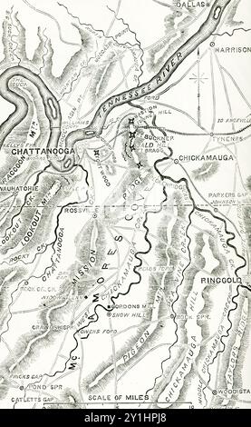 Hier ist eine Karte der Chickamauga- und Chattanooga-Kampagnen während des Amerikanischen Bürgerkriegs gezeigt. Die konföderierte Armee sicherte sich einen entscheidenden Sieg bei Chickamauga (18.–20. September 1863), verlor aber 20 Prozent ihrer Truppen in der Schlacht. Nach zwei Tagen heftiger Kämpfe durchbrachen die Rebellen die Gewerkschaftslinien und zwangen die Federals zur Belagerung von Chattanooga. Der Sieg der Federals bei Chattanooga (23.–25. November 1863) eröffnete den Deep South für eine Invasion der Union und bereitete die Bühne für die Atlanta-Kampagne von Generalmajor William T. Sherman im folgenden Frühjahr. Stockfoto