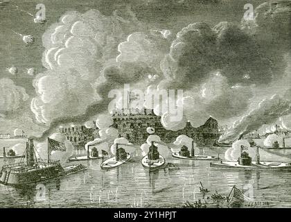 Fort Sumter war eine Festung an der Mündung des Hafens in Charleston, South Carolina. Der erste Konflikt im US-Bürgerkrieg fand am 12. April 1861 statt. Am 7. April 1863 zogen sieben Monitore der Passaic-Klasse, die USS Keokuk und die eisenverkleidete Fregatte New Ironsides in Kolonne in Richtung Fort Sumter vor. Ihr Ziel war es, diesen Eckpfeiler von Charlestons Verteidigung zu bombardieren, während sie in den inneren Hafen eindrang, um Charlestons Kapitulation zu erzwingen. Es war eine Schlacht, in der Eisenkladeln Befestigungsanlagen gegenüberstanden, wobei die Befestigungen den sieger in diesem herauskamen Stockfoto