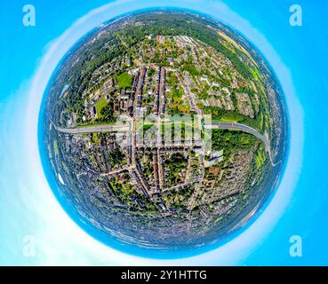 Luftbild, Autobahn A2 Tunnel Erler Deckel, Einhausung Überführung mit Wiese und Weg zwischen Kronprinzenstraße und Frankampstraße,Erdkugel, Fisheye Aufnahme, Fischaugen Aufnahme, 360 Grad Aufnahme, Tiny World, kleiner Planet, Fischaugenbild, Erle, Gelsenkirchen, Ruhrgebiet, Nordrhein-Westfalen, Deutschland ACHTUNGxMINDESTHONORARx60xEURO *** Luftaufnahme, Autobahn A2 Tunnel Erler Deckel, Gehege Überführung mit Wiese und Weg zwischen Kronprinzenstraße und Frankampstraße, Erdkugel, Fischaugenbild, Fischaugenbild, 360°-Bild, winzige Welt, kleiner Planet, Fischaugenbild, Erle, Gelsenkirchen, Ruhr Stockfoto